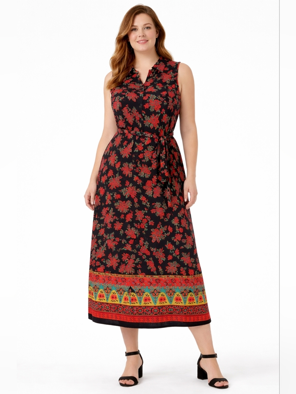 Sag Harbor Plus Size 24W Black Red Floral Boho Midi Dress Sleeveless Tie Waist W